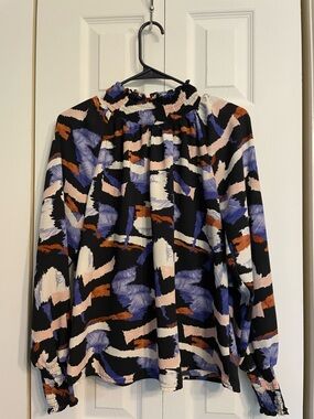 Nine West Black Abstract Brushstroke Smocked Neck Blouse